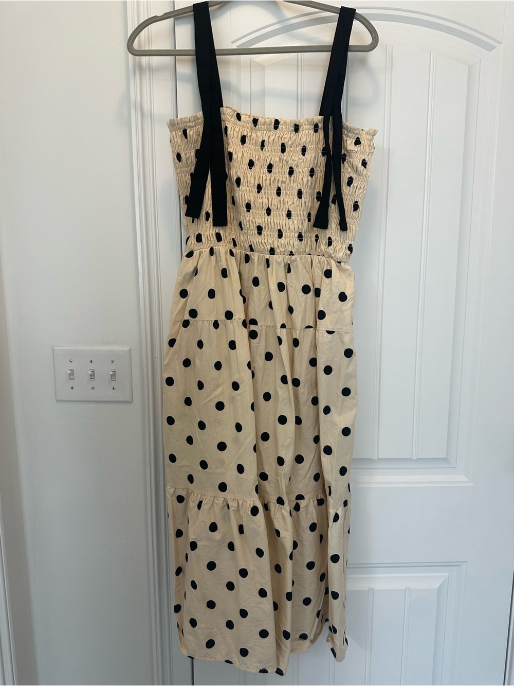 Beige Polka Dot Midi Dress with Black Straps